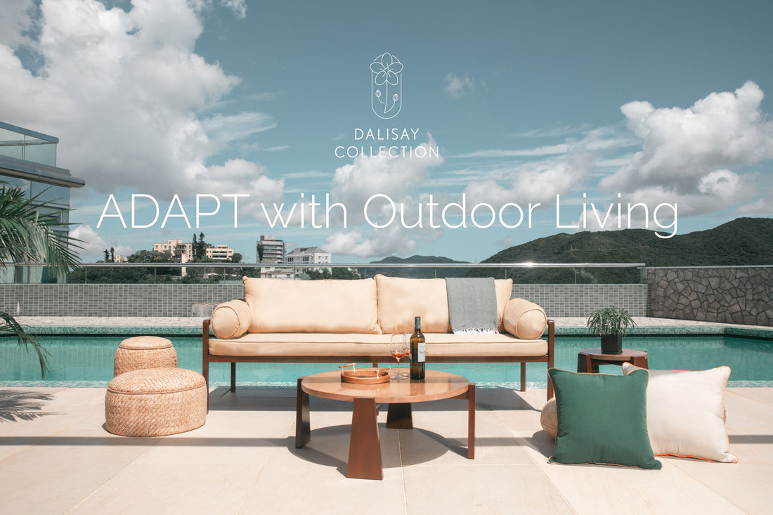 Outdoor Furniture with pool in the background. Logo of Dalisay Collection and Text: Adapt with Outdoor Living On Top